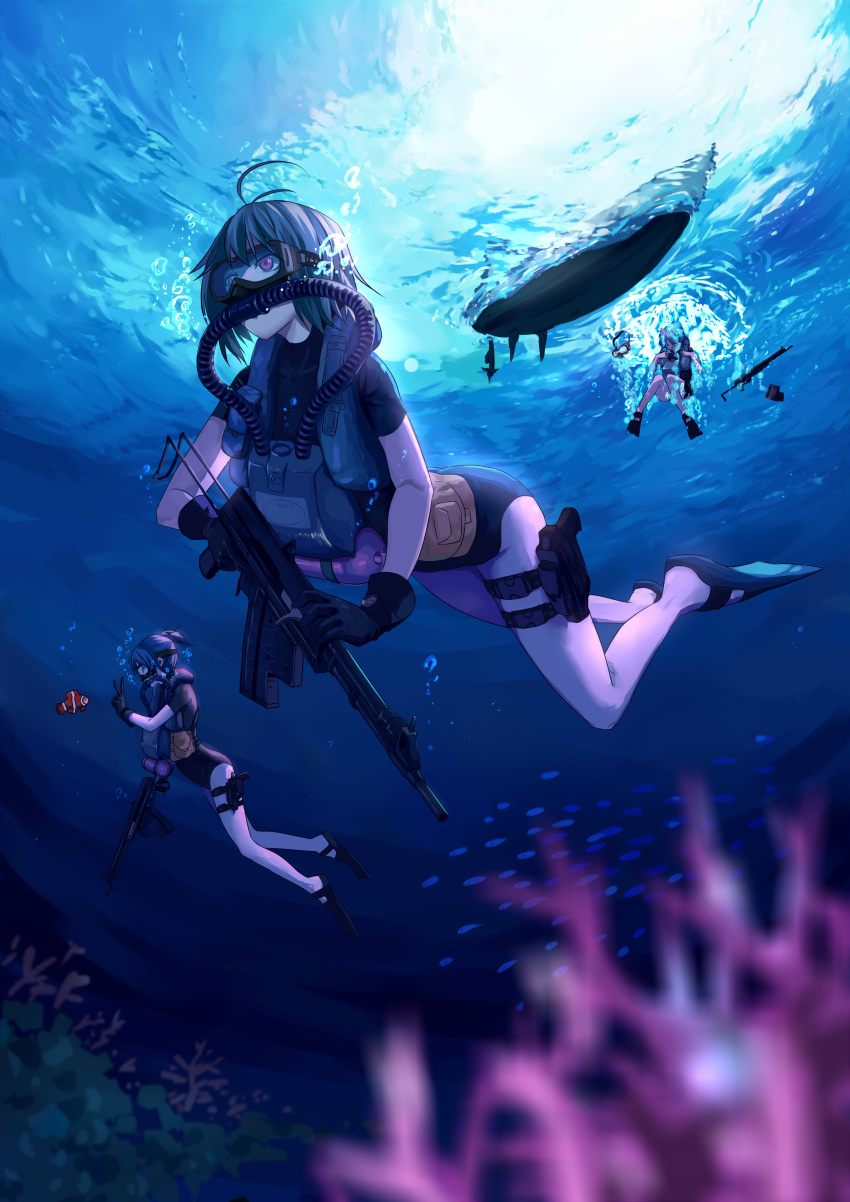 >_<, 1girl, 3girls, :3, absurdres, ahoge, aps, assault_rifle
