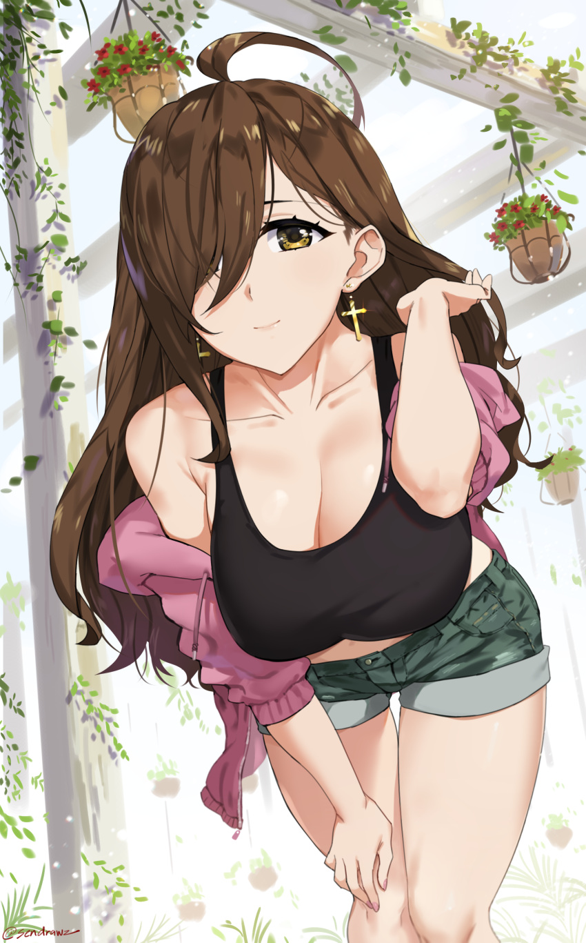 1girl, absurdres, ahoge, black_tank_top, breasts, brown_eyes, brown_hair, cleavage