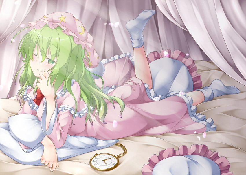 1girl, aka_tawashi, bed, blush, bow, commentary_request, crescent_print, curtains