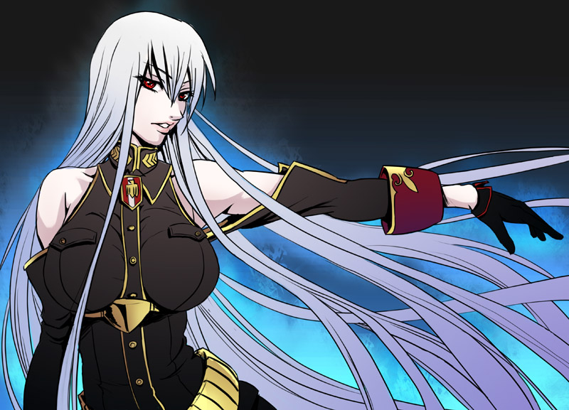 breasts, detached_sleeves, gloves, hourglass_figure, huge_breasts, karee_oshou, long_hair, red_eyes, selvaria_bles, senjou_no_valkyria, senjou_no_valkyria_1, silver_hair