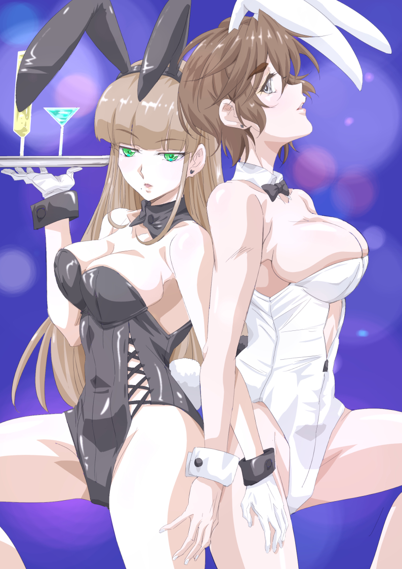 2girls, animal_ears, arms_at_side, bangs, bare_shoulders, blue_background, blunt_bangs, breasts