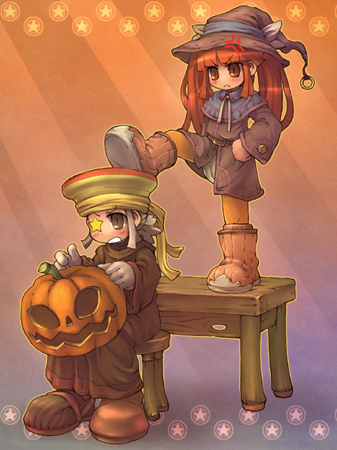dewprism, jack-o'-lantern, kicking, mint, mint_(dewprism), pantyhose, pumpkin, rue
