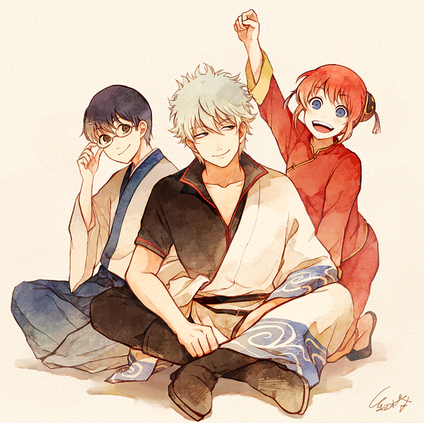 1girl, 2boys, :d, adjusting_eyewear, akagi_shun, all_fours, blue_eyes, brown_eyes