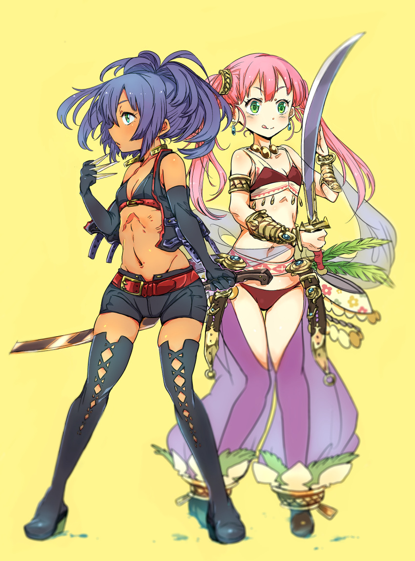 2girls, boots, bracelet, dancer_(sekaiju), dark_skin, earrings, flat_chest, highres