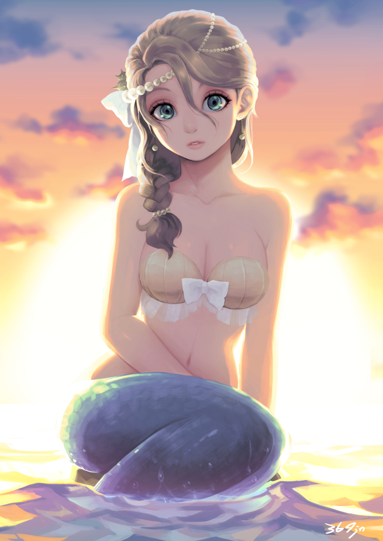 1girl, arm_at_side, arm_support, artist_name, backlighting, bikini_top, blonde_hair, blue_eyes
