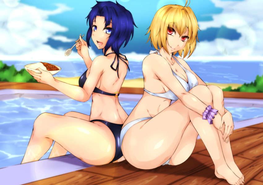 2girls, :d, ahoge, arcueid_brunestud, ass, back, back-to-back, barefoot, bikini, blonde_hair, blue_eyes, blue_hair, blue_sky, blurry, breasts, byakkun_(byakkun8181), ciel, curry, curry_rice, depth_of_field, eating, food, highres, knees_up, leg_hug, legs_together, looking_back, medium_breasts, multiple_girls, o-ring, o-ring_bikini, o-ring_top, open_mouth, outdoors, pool, poolside, red_eyes, rice, short_hair, sidelocks, sitting, sky, smile, swimsuit, tsukihime, under_boob, water, wristband