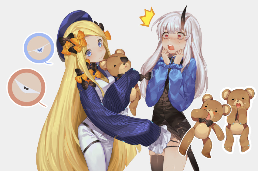 /\/\/\, 2girls, :3, abigail_williams_(fate/grand_order), alternate_costume, animal_print, asymmetrical_legwear, bangs