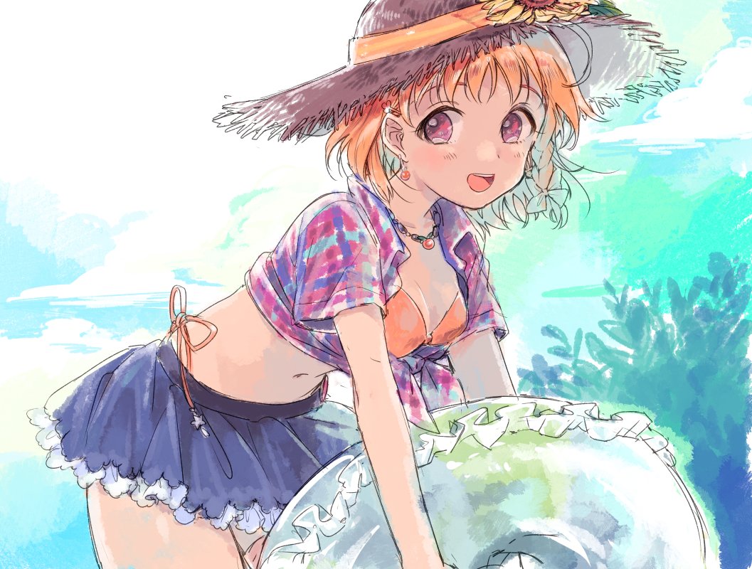 1girl, :d, bangs, bent_over, bikini, bikini_under_clothes, blue_skirt, bow