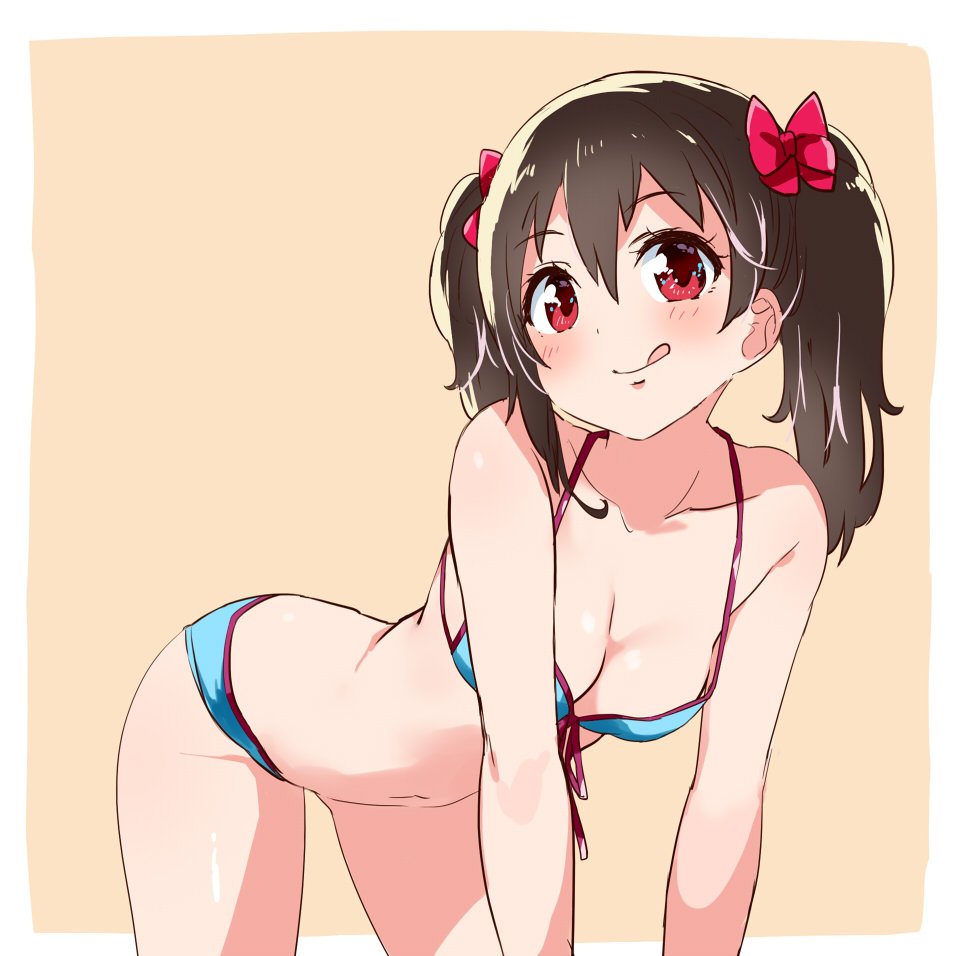 1girl, :q, all_fours, bangs, bare_arms, bare_legs, bare_shoulders, bent_over