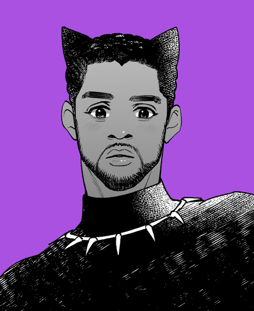 1boy, african, animal_ears, beard, black_panther_(film), black_panther_(marvel), cat_ears, curly_hair