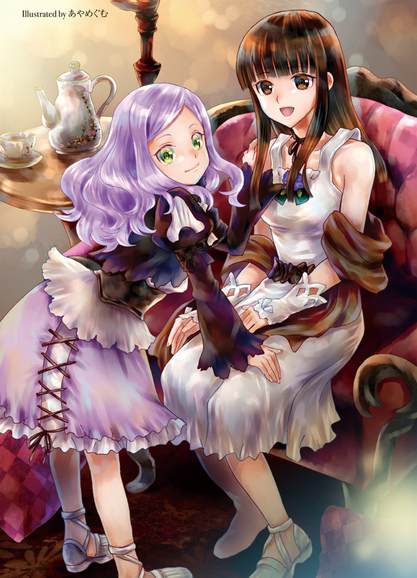 2girls, :d, arisa_(death_march), artist_name, aya_megumu, black_ribbon, brown_eyes, brown_hair