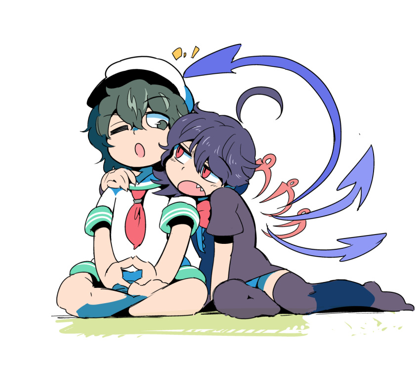2girls, :o, ahoge, arm_around_neck, asymmetrical_wings, black_dress, black_eyes, black_hair
