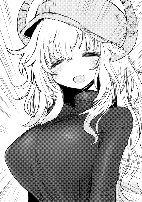 1girl, =_=, baseball_cap, breasts, closed_eyes, dragon_girl, dragon_horns, emphasis_lines, hat, horns, kobayashi-san_chi_no_maidragon, kyuusui_gakari, large_breasts, long_hair, monochrome, open_mouth, quetzalcoatl_(maidragon), smile, solo