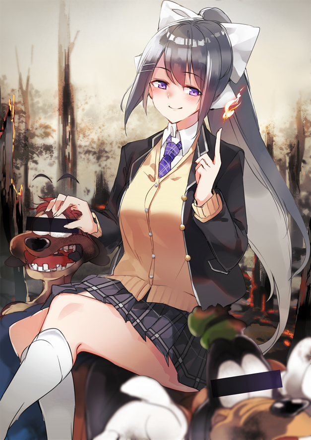 1girl, blush, bow, burnt, burnt_tree, cardigan, disney, eyebrows_visible_through_hair