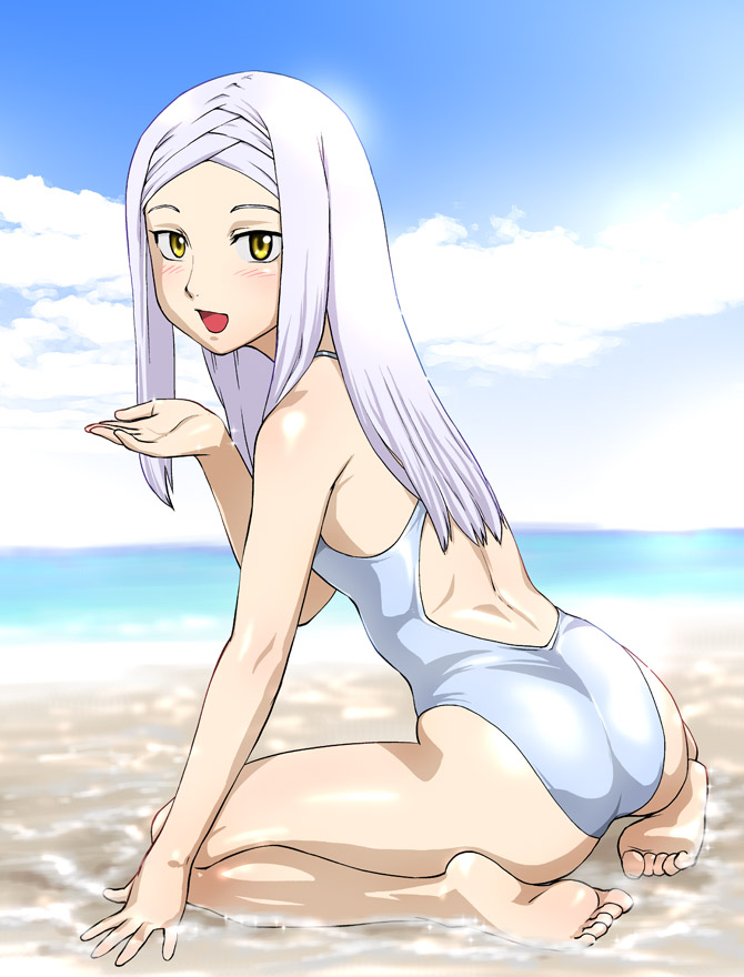 barefoot, beach, blush, competition_swimsuit, feet, gundam, gundam_00, kneeling