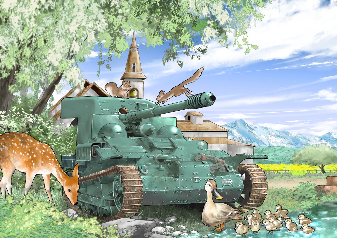 animal, bird, caterpillar_tracks, church, clouds, commentary, day, duck, ground_vehicle, inou_takashi, mallard, military, military_vehicle, motor_vehicle, no_humans, renault_ue_57, rock, self-propelled_gun, sky, squirrel, tank, tree, wargaming_japan, water, world_of_tanks
