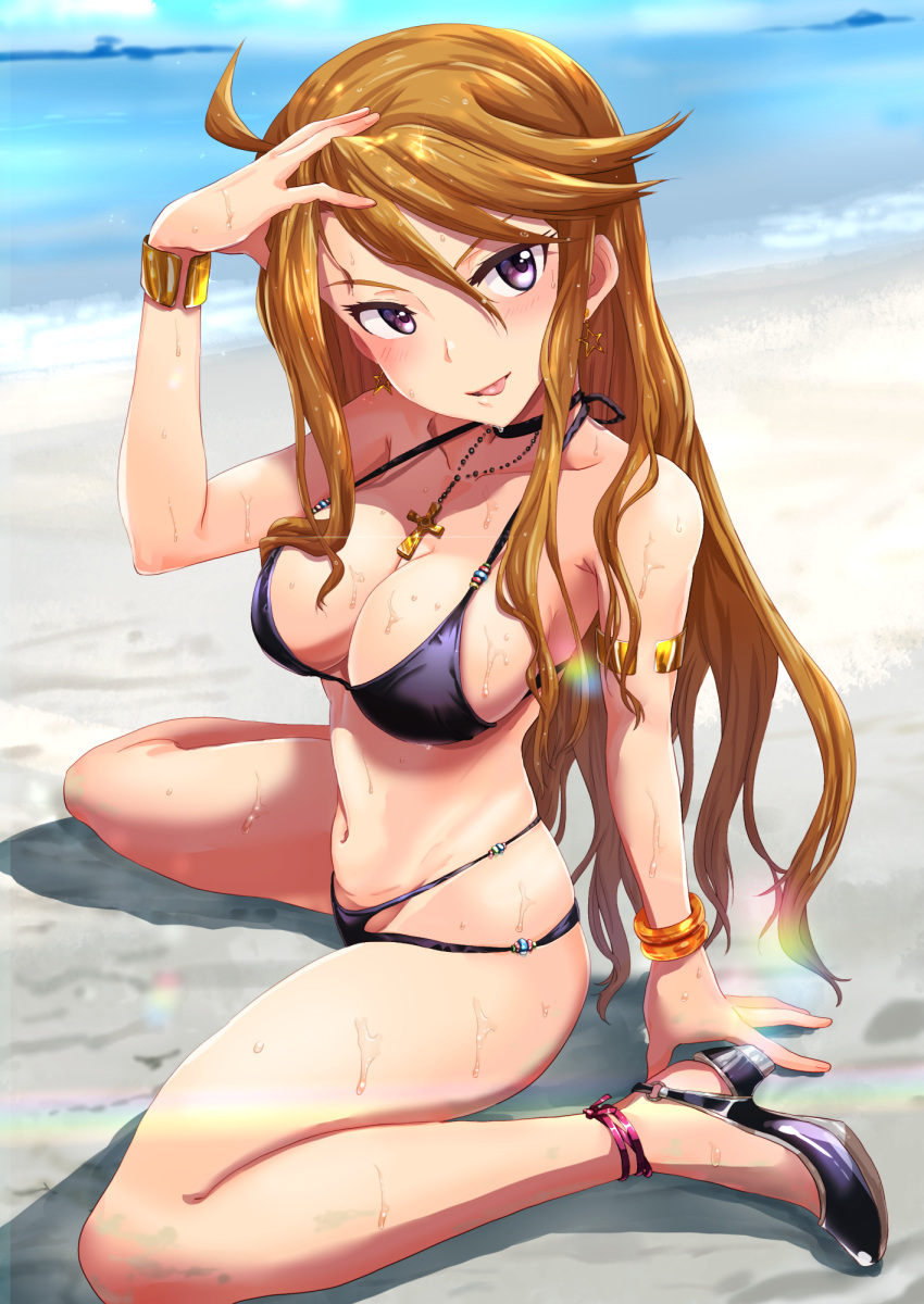 1girl, ahoge, arm_support, arm_up, armlet, bangs, bare_arms, bare_legs, bare_shoulders, beach, bikini, black_bikini, black_choker, black_footwear, blurry, blurry_background, blush, bracelet, breasts, brown_hair, choker, cleavage, collarbone, cross, cross_necklace, day, depth_of_field, earrings, from_above, full_body, glint, groin, hair_between_eyes, halterneck, hand_on_own_head, high_heels, highres, idolmaster, idolmaster_million_live!, jewelry, leg_ribbon, lens_flare, light_particles, long_hair, looking_at_viewer, looking_up, medium_breasts, navel, necklace, ocean, outdoors, parted_lips, pink_ribbon, ribbon, run_p_(aveton), sand, sand_on_skin, shadow, shiny, shiny_hair, sidelocks, sitting, smile, solo, star, star_earrings, stomach, string_bikini, swept_bangs, swimsuit, thighs, tokoro_megumi, tongue, tongue_out, tsurime, very_long_hair, violet_eyes, wariza, water, water_drop, wet, wet_hair