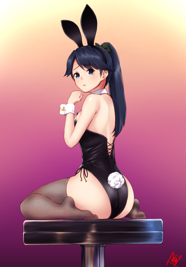 1girl, animal_ears, ass, back, bangs, bare_arms, bare_shoulders, black_hair, black_hairband, black_leotard, black_ribbon, blue_eyes, blush, bow, brown_legwear, bunny_tail, bunnysuit, detached_collar, eyebrows_visible_through_hair, fake_animal_ears, fake_tail, fishnet_legwear, fishnets, full_body, gradient, gradient_background, green_bow, hair_bow, hairband, hand_up, houshou_(kantai_collection), kantai_collection, leotard, long_hair, looking_at_viewer, looking_back, no_shoes, nori_senbei_(norisenbei_1), on_table, parted_lips, ponytail, rabbit_ears, ribbon, side-tie_leotard, signature, sitting, solo, strapless, strapless_leotard, swept_bangs, table, tail, tareme, thigh-highs, wariza