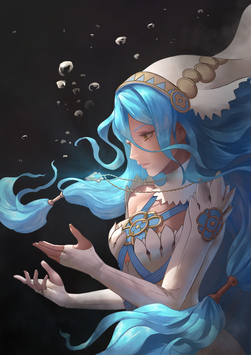 1girl, aqua_(fire_emblem_if), aztodeus, bare_shoulders, beads, blue_hair, breasts, detached_collar