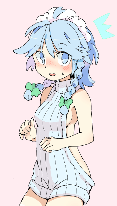 /\/\/\, 1girl, bangs, bare_arms, blue_eyes, blue_hair, blush, bow