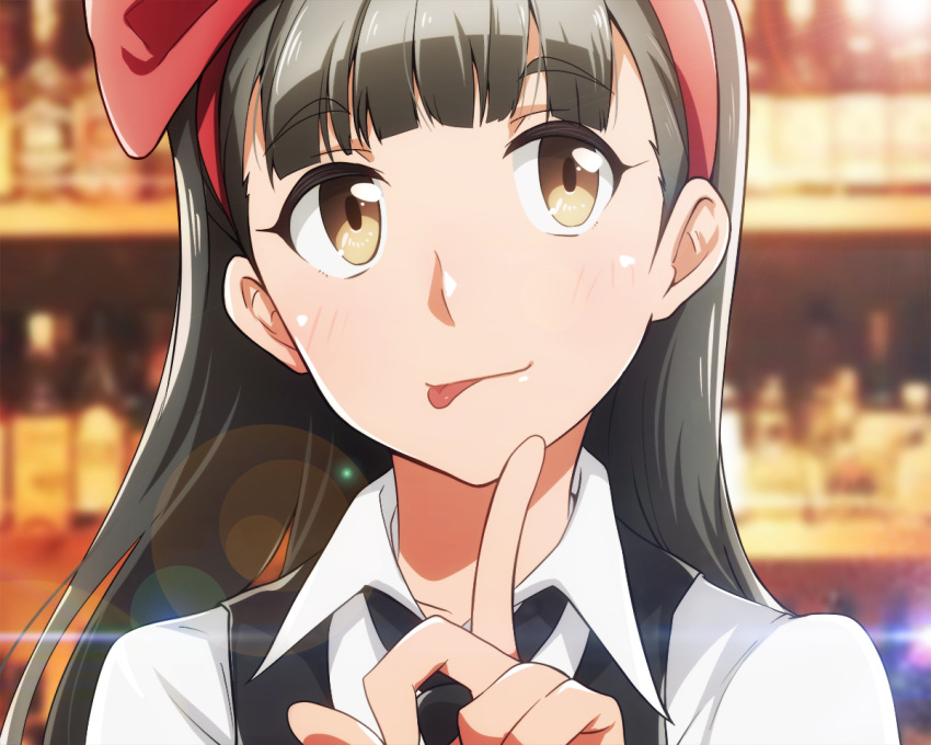 1girl, bangs, bar, bartender, black_hair, black_vest, blush, bottle, bow, brown_eyes, eyebrows_visible_through_hair, finger_to_mouth, hair_bow, hairband, hinamatsuri_(manga), lens_flare, long_hair, long_sleeves, looking_to_the_side, mishima_hitomi, necktie, portrait, red_hairband, shiny, shiny_hair, shiny_skin, shirt, solo, tom_(drpow), tongue, tongue_out, vest, white_shirt