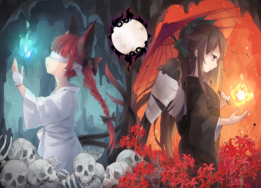 2girls, alternate_costume, animal_ears, bandage, bandaged_wings, bangs, black_bow, black_kimono