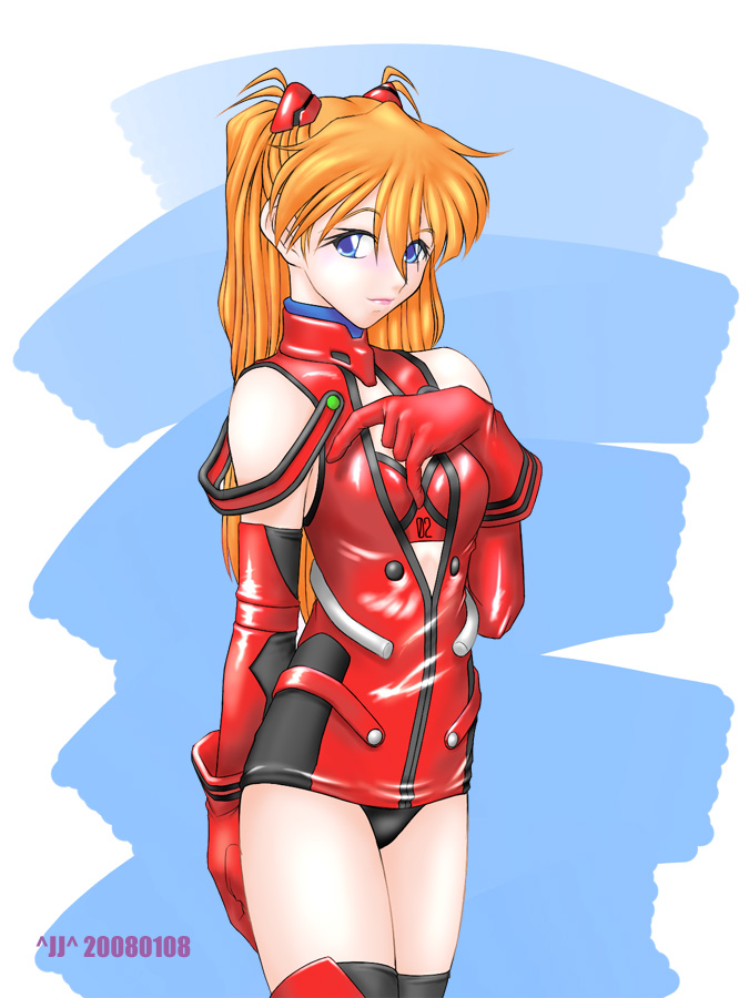 adapted_costume, alpharalpha, blue_eyes, elbow_gloves, gloves, hair_ornament, hairclip, long_hair, neon_genesis_evangelion, orange_hair, panties, plugsuit, solo, souryuu_asuka_langley, thigh-highs, thighhighs, underwear