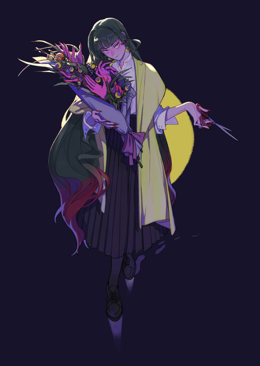1girl, black_skirt, bouquet, collared_shirt, commentary, earrings, english_commentary, flower, footprints, full_body, gradient_hair, green_hair, hakama, highres, holding, horror_(theme), japanese_clothes, jewelry, long_hair, long_skirt, misaq, multicolored_hair, original, popped_collar, purple_background, redhead, scissors, shirt, shoes, simple_background, skirt, smile, solo, standing, very_long_hair, white_shirt, wing_collar