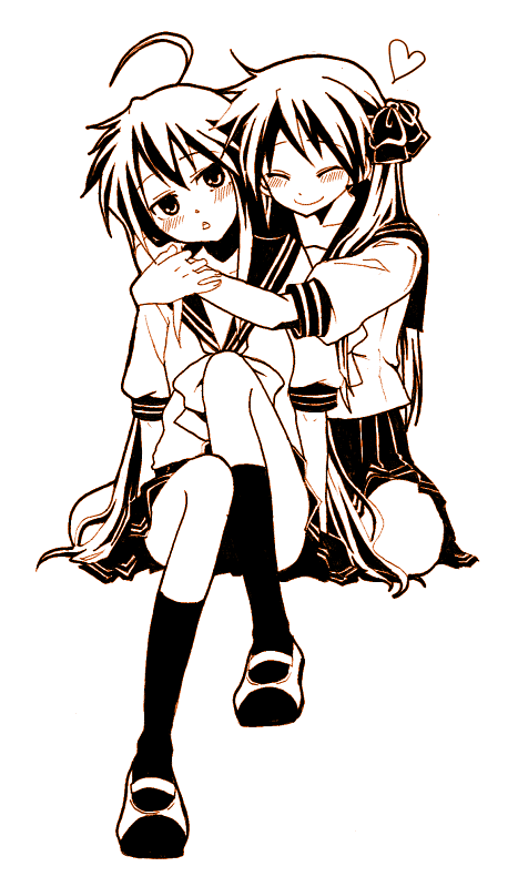 ahoge, blush, brown, closed_eyes, hiiragi_kagami, hug, izumi_konata, kochoko, lucky_star, monochrome, multiple_girls, school_uniform, serafuku, sitting, spot_color, yuri