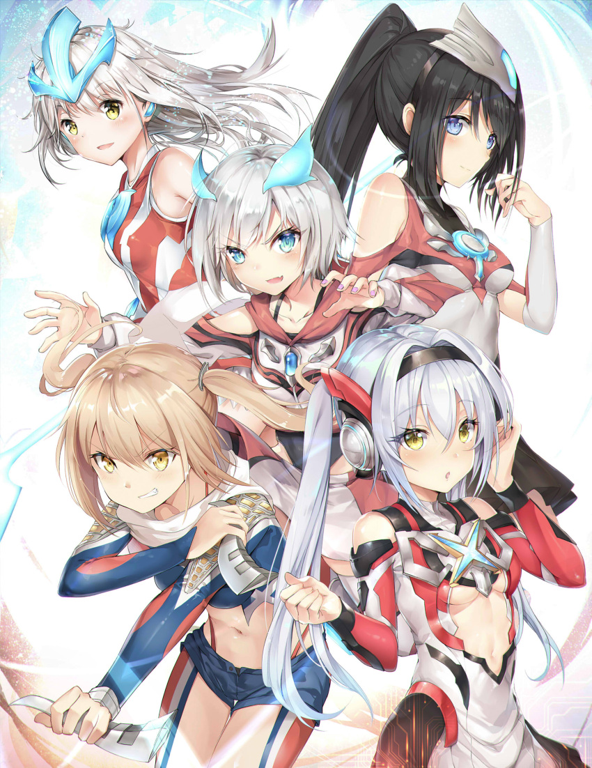 5girls, :d, :o, absurdres, arm_up, arm_warmers, bangs, bare_shoulders