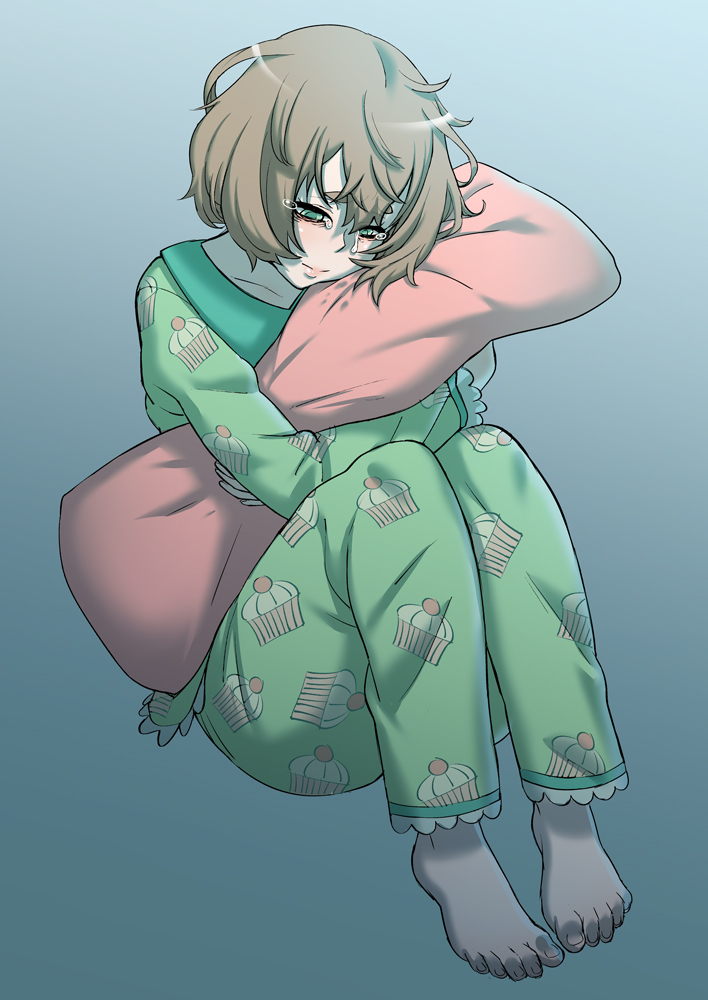 1girl, amai_odayaka, crying, crying_with_eyes_open, green_eyes, green_pajamas, kjech, light_brown_hair