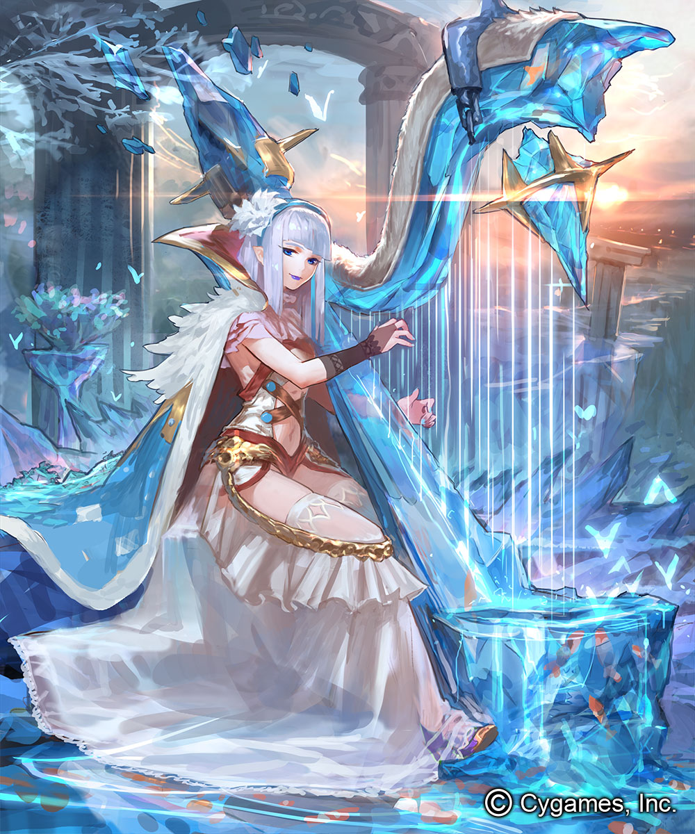 1girl, arch, bangs, blue_cape, blue_eyes, blunt_bangs, cape, daible