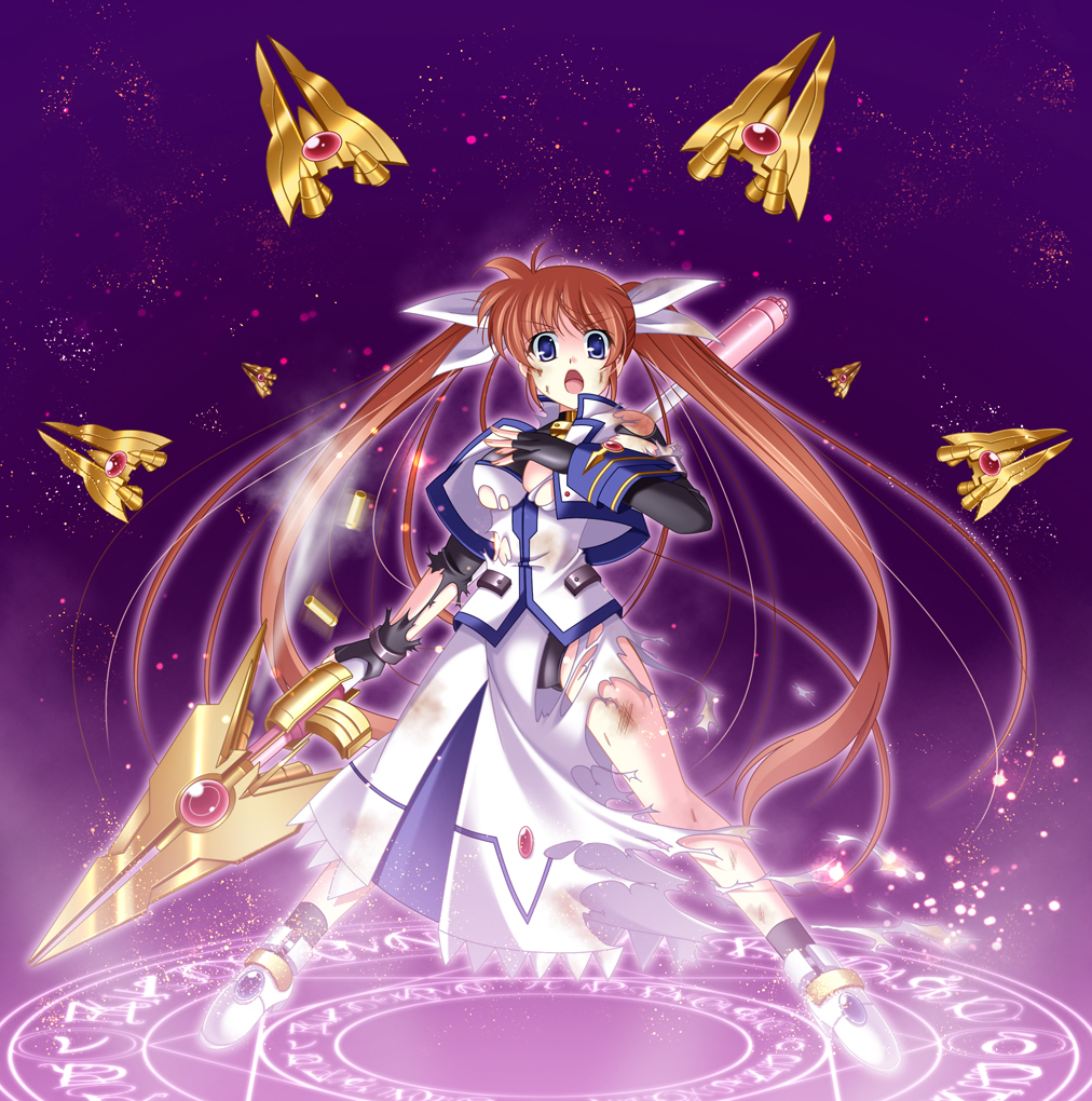 burn_mark, fingerless_gloves, gloves, hair_ribbon, injury, long_hair, magic_circle, mahou_shoujo_lyrical_nanoha