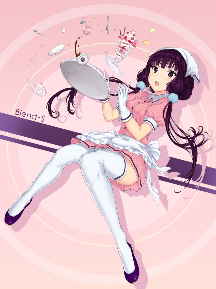 1girl, apron, bangs, blend_s, blunt_bangs, blush, cup, drinking_glass