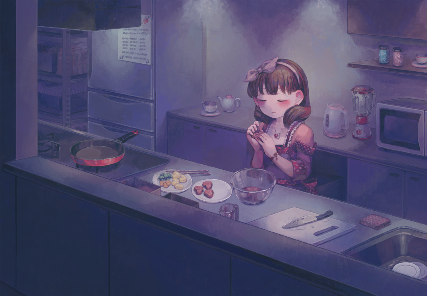 1girl, apron, blender, blush, bow, bowl, bracelet, brown_hair