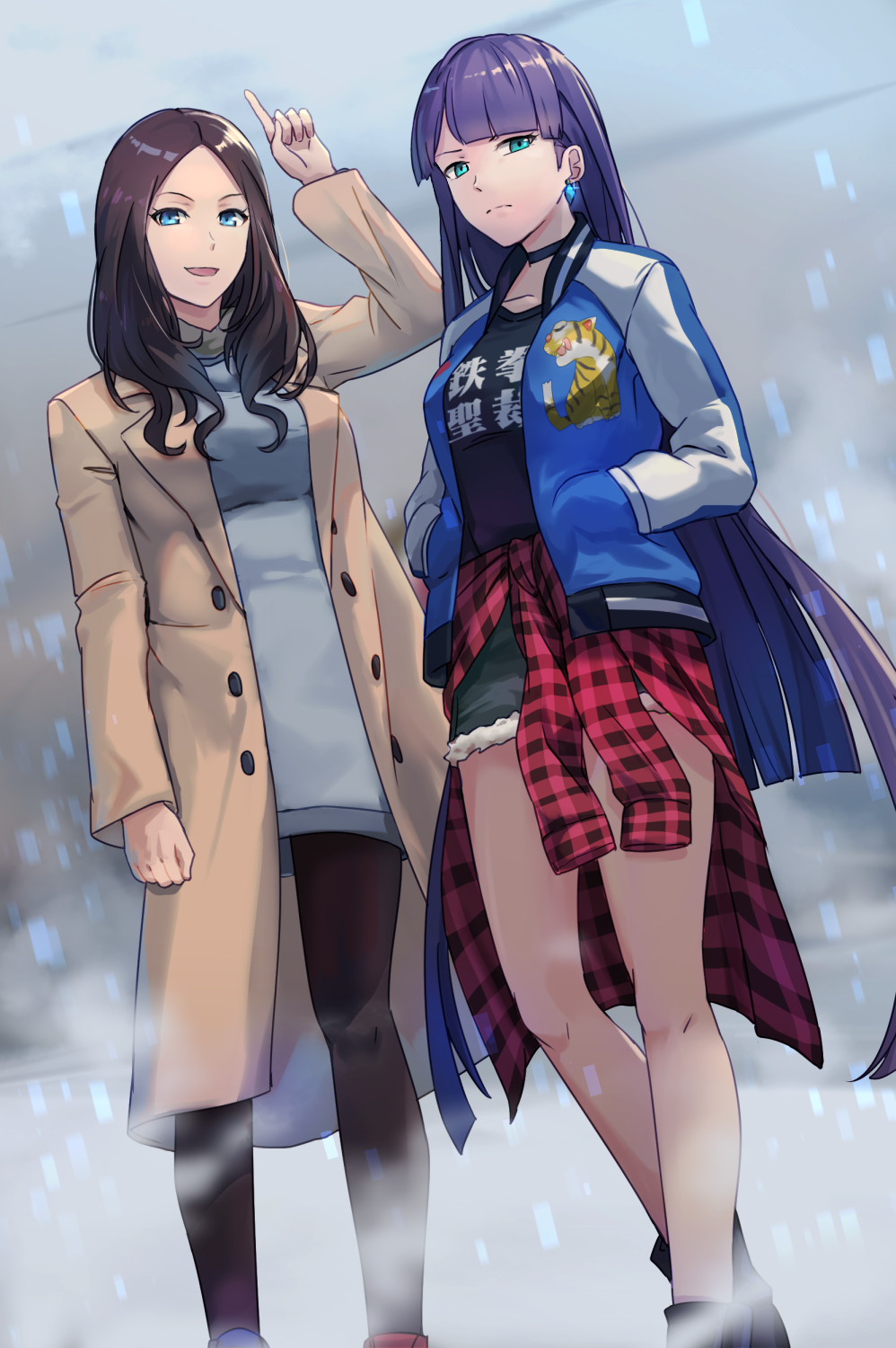 2girls, :d, aqua_eyes, banjou_ryuuga, banjou_ryuuga_(cosplay), black_legwear, blue_eyes, breasts, brown_hair, choker, clothes_around_waist, coat, cosplay, earrings, fate/grand_order, fate_(series), hands_in_pockets, highres, hsin, jacket, jewelry, kamen_rider, kamen_rider_build_(series), kiryuu_sento, kiryuu_sento_(cosplay), leonardo_da_vinci_(fate/grand_order), long_hair, looking_at_viewer, medium_breasts, multiple_girls, open_mouth, purple_hair, saint_martha, shorts, smile, standing, very_long_hair
