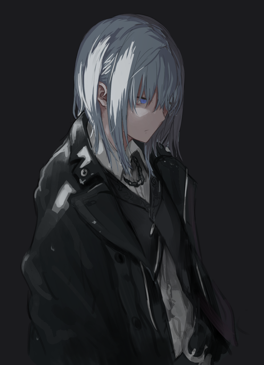 1boy, black_background, black_jacket, black_vest, blue_eyes, closed_mouth, collared_shirt, grey_hair, highres, jacket, jewelry, long_sleeves, necklace, original, shiroi_suzume, shirt, simple_background, solo, standing, upper_body, vest, wing_collar