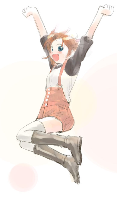 boots, dungarees, happy, ikeda_jun, jump, jumping, original, red_hair