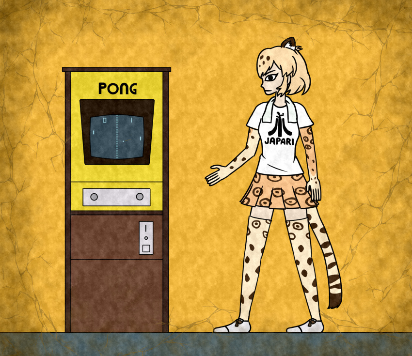 1girl, arcade_cabinet, arm_at_side, atari, black_eyes, blonde_hair, brand_name_imitation, closed_mouth