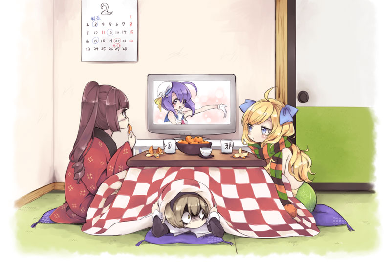 4girls, :d, ahoge, black_eyes, blonde_hair, blue_eyes, blue_ribbon, blush