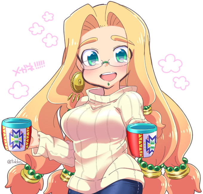 1girl, :d, aztec, beads, bespectacled, blonde_hair, blue_pants, blush, breasts, chin_piercing, cup, denim, earrings, eyebrows, eyebrows_visible_through_hair, eyes_visible_through_hair, fate/grand_order, fate_(series), glasses, green_eyes, hair_beads, hair_intakes, hair_ornament, holding, holding_cup, jeans, jewelry, large_breasts, long_hair, long_sleeves, looking_at_viewer, low-tied_long_hair, open_mouth, pants, piercing, quetzalcoatl_(fate/grand_order), ribbed_sweater, rimless_eyewear, smile, solo, sweater, teeth, tsukko_(3ki2ne10), turtleneck, turtleneck_sweater, twitter_username, very_long_hair, white_sweater