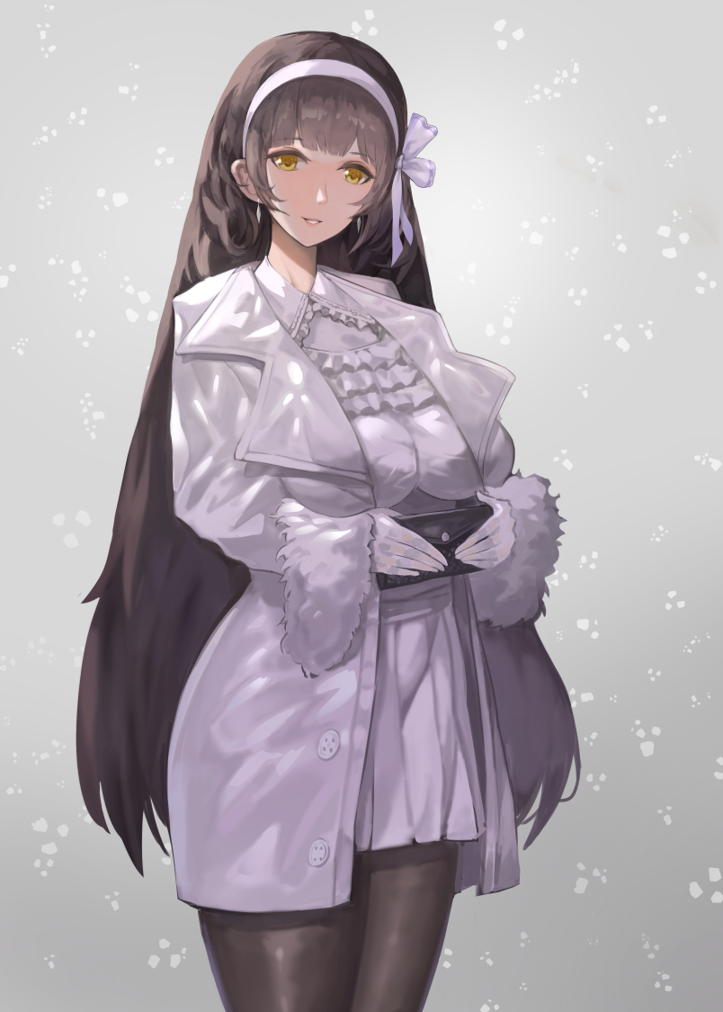 1girl, bangs, black_hair, black_legwear, blunt_bangs, blush, breasts, coat