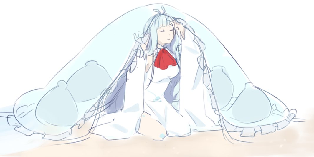 1girl, antenna_hair, blue_hair, closed_eyes, dress, kneeling, long_hair, lumi_(vocaloid)