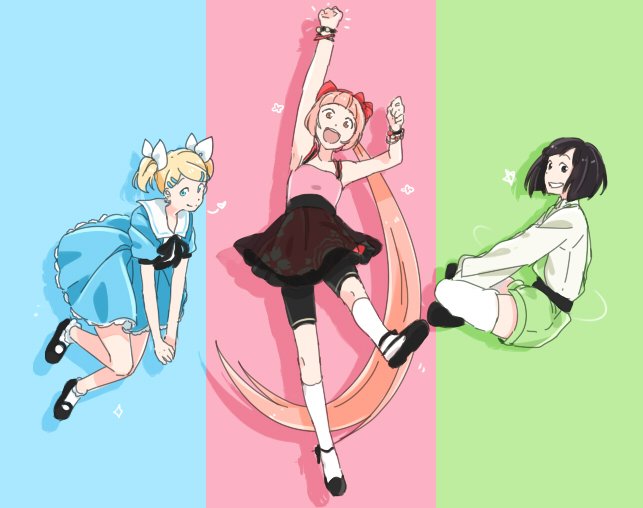 3girls, absurdly_long_hair, arm_up, blonde_hair, blue_dress, blue_eyes, bob_cut, bow