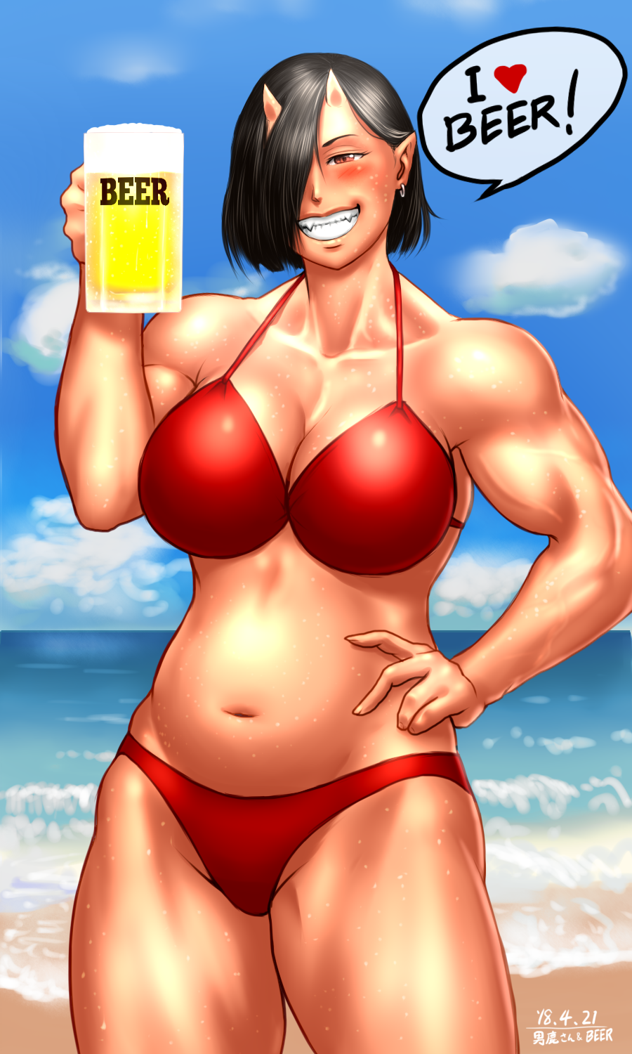 1girl, abs, alcohol, beach, beer, beer_mug, bikini, black_hair
