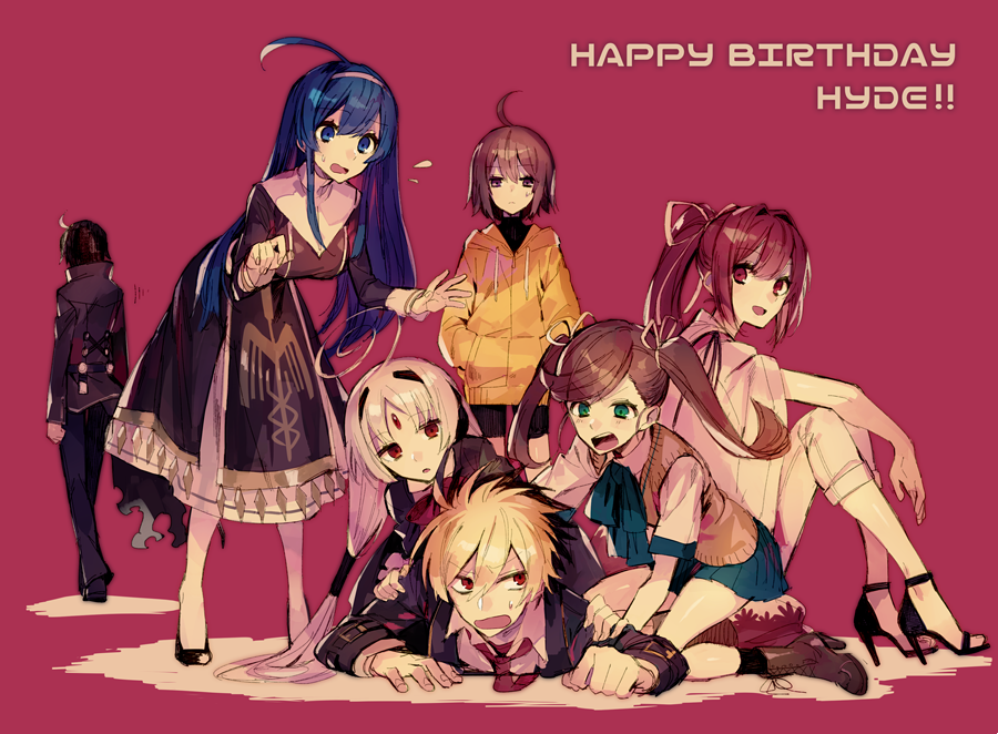 2boys, 5girls, ahoge, bike_shorts, black_hair, blonde_hair, blue_hair, boots