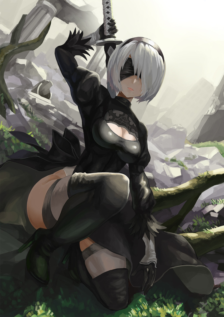 black_dress, black_hairband, blindfold, boots, cleavage_cutout, covered_eyes, dress, facing_viewer, feather-trimmed_sleeves, grass, hairband, high_heel_boots, high_heels, highres, holding, holding_sword, holding_weapon, juliet_sleeves, leotard, long_sleeves, mole, mole_under_mouth, nier_(series), nier_automata, one_knee, pillar, pink_lips, puffy_sleeves, ribbed_dress, riko_(ccllnnhh), ruins, silver_hair, squatting, sword, sword_behind_back, thigh-highs, thigh_boots, thighhighs_under_boots, thighs, vambraces, weapon, white_leotard, yorha_no._2_type_b