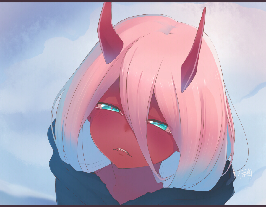 1girl, blush, commentary, darling_in_the_franxx, hair_between_eyes, half-closed_eyes, head_tilt, hiiragi_hekitsuki