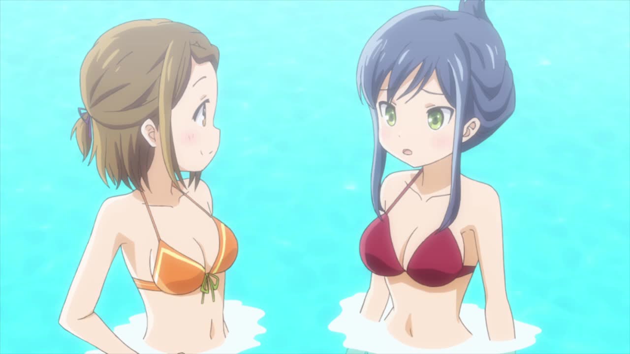 2girls, aizawa_yuu_(pan_de_peace!), alternate_hairstyle, belly_button, bikini, blue_hair, blush, brown_eyes
