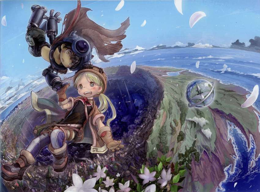 1boy, 1girl, blonde_hair, blue_eyes, blush, brown_hair, day, feathers, flower, flying, glasses, gloves, hat, highres, island, long_hair, looking_at_another, made_in_abyss, official_art, open_mouth, outdoors, petals, regu_(made_in_abyss), riko_(made_in_abyss), short_hair, sky, smile, star_compass, tsukushi_akihito, twintails, whistle, whistle_around_neck, yellow_eyes